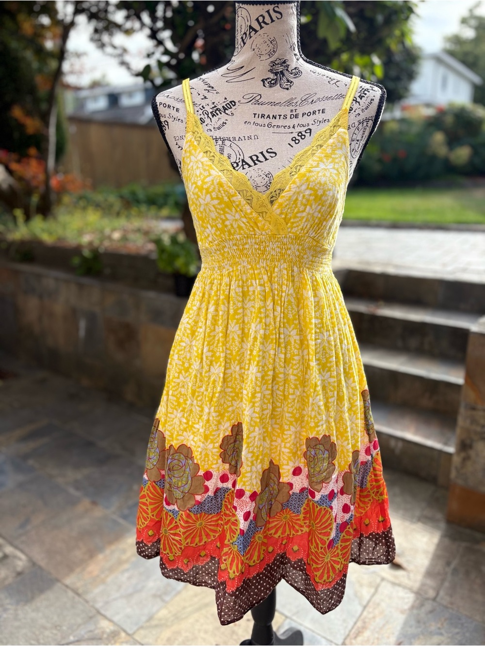 Urban Heritage Yellow Floral Mini Summer Dress with Brown Polka Dot Border